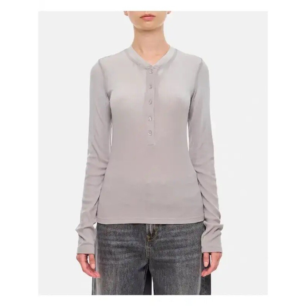 Cotton Citizen Henley Top Womens Beige Gray Cast Ribbed Long Sleeve Garment